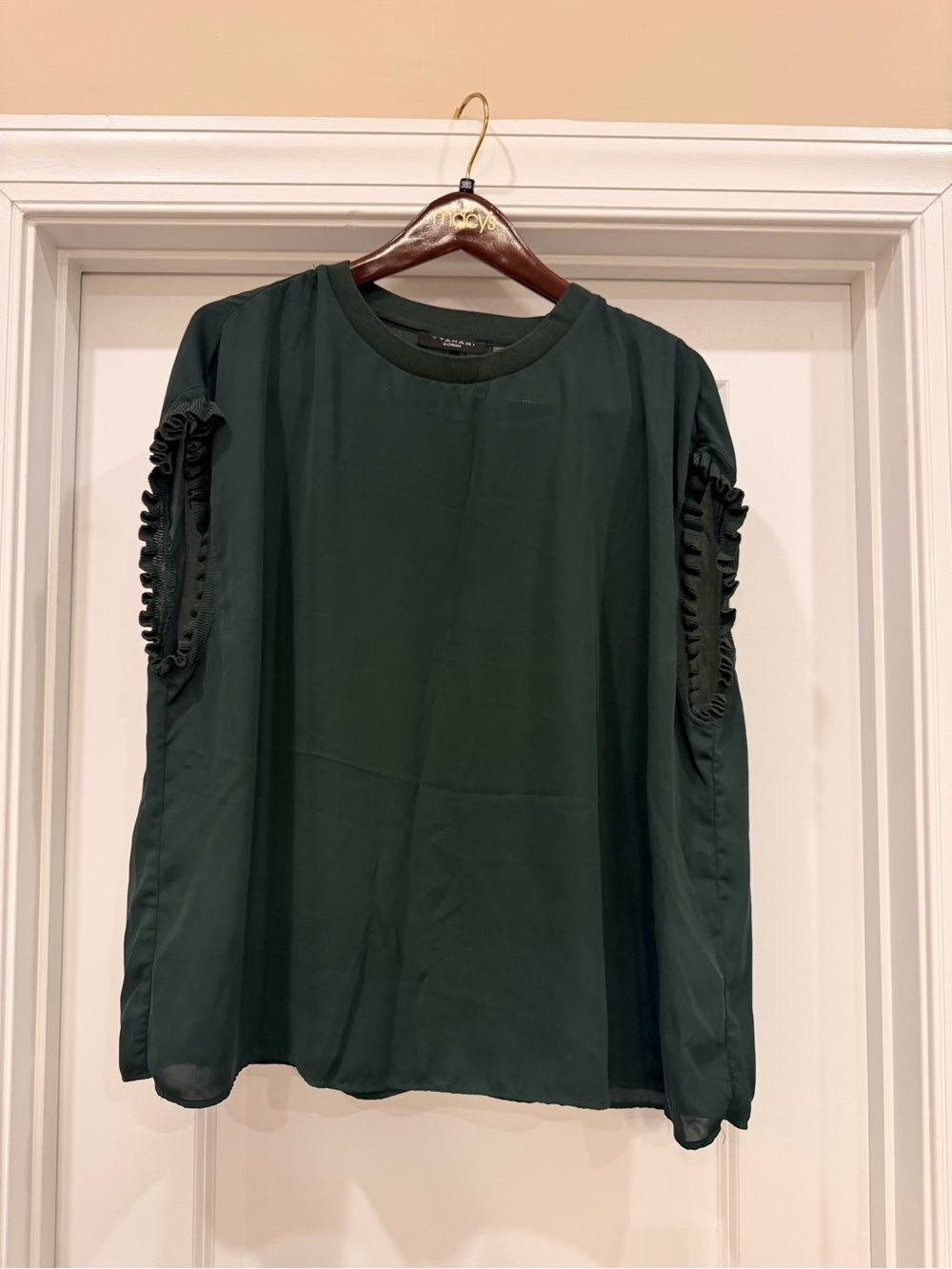 Tahari Dark Green Ruffle-Slit Sleeve Blouse